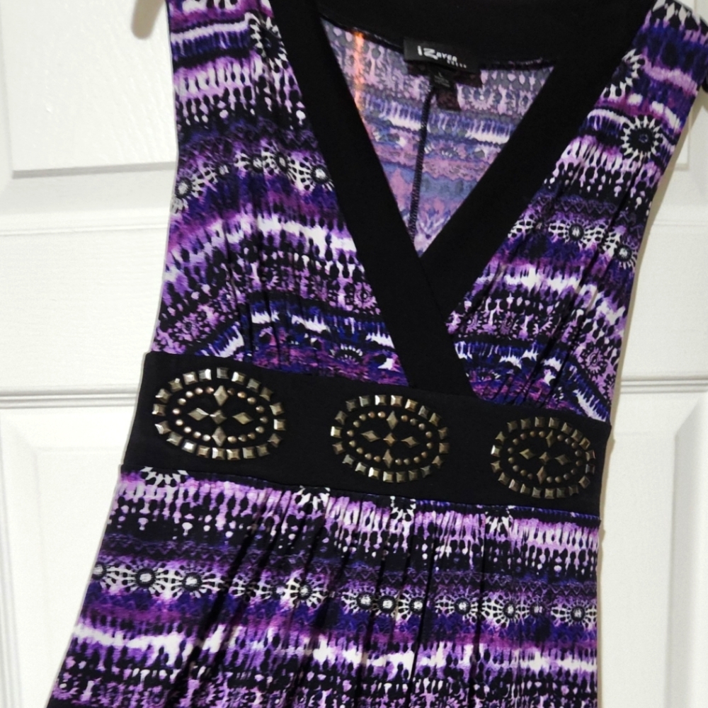 Womens iZ Byer Summer Dress Size L Purple Black and White with black tie in back